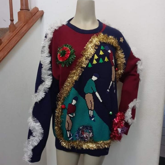 Ugly Christmas Sweater Golfers Garland Tacky Large - Picture 1 of 6